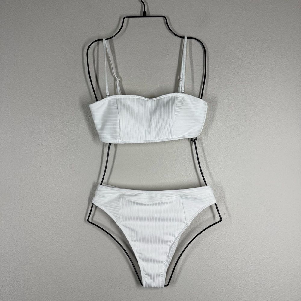 Abercrombie & Fitch White Ribbed Hi Leg Brazilian Bikini Bottom XS Bandeau Top S